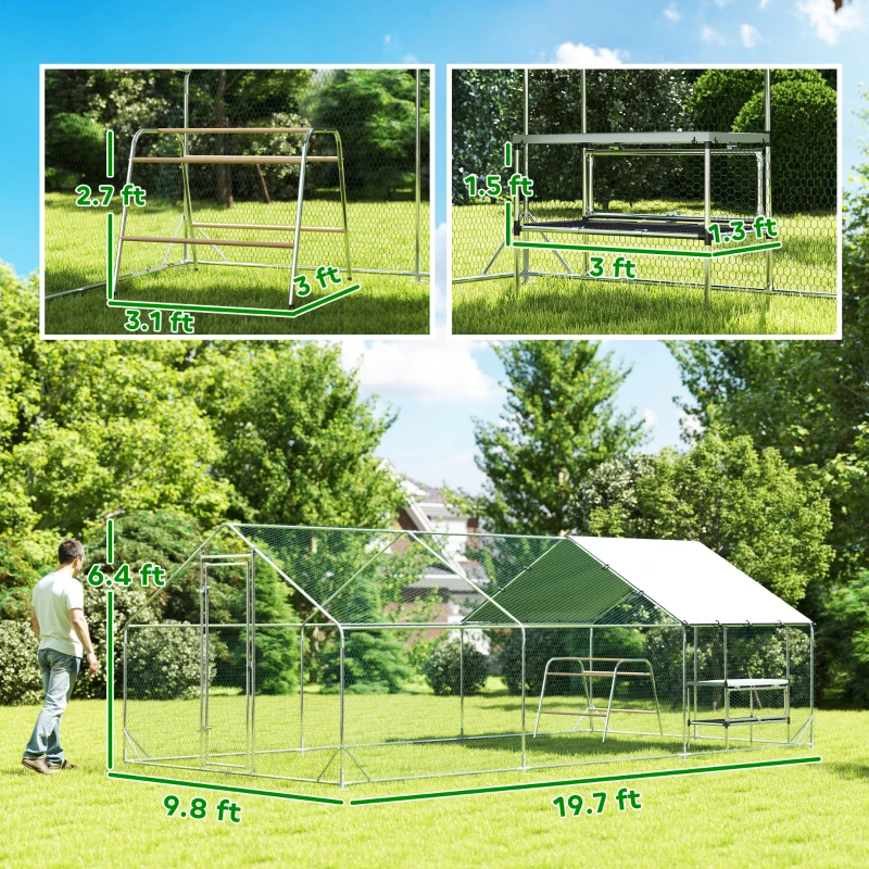 PawHut Large Metal Chicken Coop with Waterproof Cover, Roosting Bar, Nesting Box, 9.8' x 19.7' x 6.4'