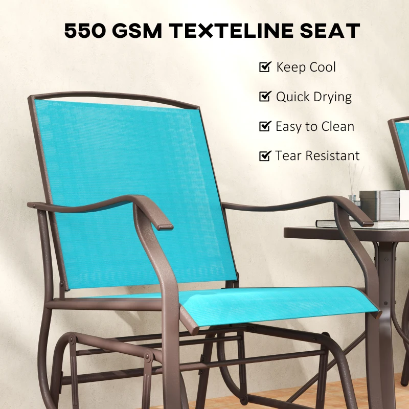 Outsunny 3 Piece Patio Glider Set Outdoor Gliders with Breathable Mesh Seat, Glass Top Table for Garden, Yard, Blue