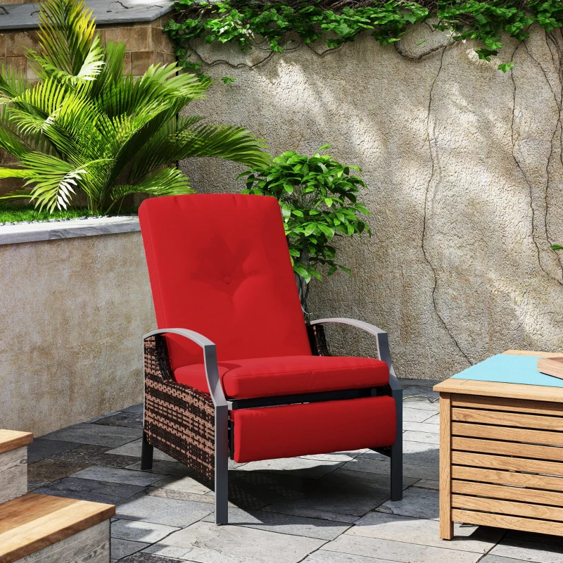 Outsunny Outdoor Rattan Recliner Chair, Wicker Reclining Chair with Adjustable Back Retractable Footrest Cushion Wine Red