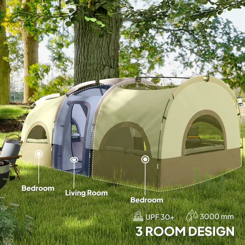 Outsunny 4-6 Person Camping Tent, 3 Room Cabin Tent, 3000mm Waterproof and UPF30+ with Sewn in Groundsheet and Carry Bag, Khaki