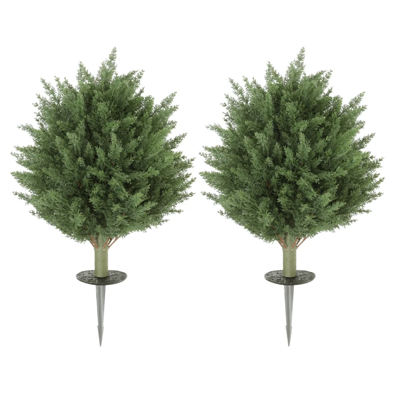 HOMCOM 24" Artificial Cypress Trees with Ground Stake, Set of 2 Artificial Plants for Indoor & Outdoor, UV Resistant, Green