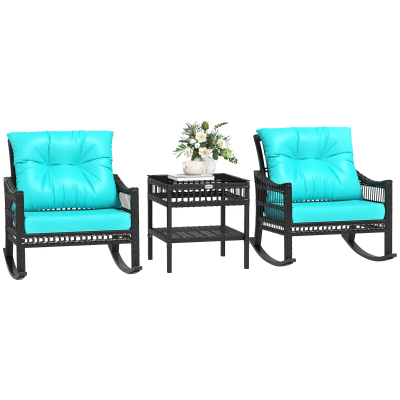 Outsunny 3 Piece Outdoor PE Rattan Rocker Chair Set, Rocking Chair with Tempered Glass Table Top, Turquoise Green