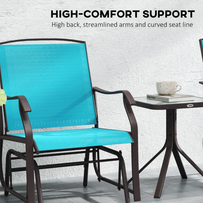 Outsunny 3 Piece Patio Glider Set Outdoor Gliders with Breathable Mesh Seat, Glass Top Table for Garden, Yard, Blue