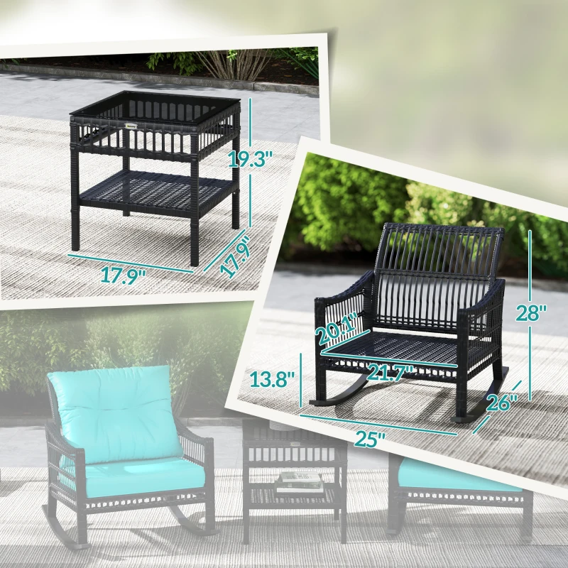 Outsunny 3 Piece Outdoor PE Rattan Rocker Chair Set, Rocking Chair with Tempered Glass Table Top, Turquoise Green