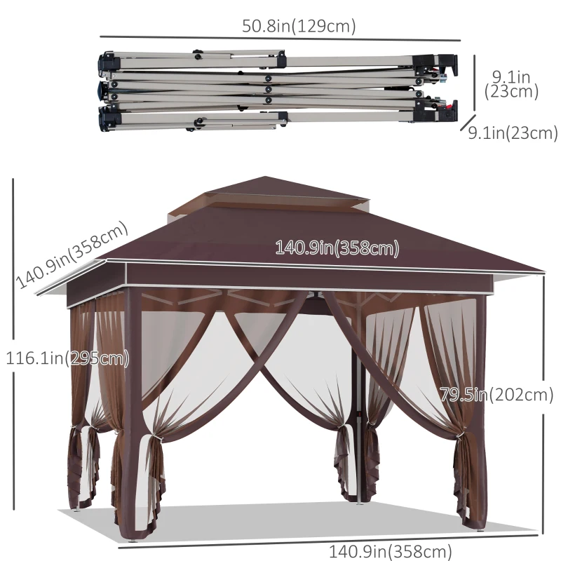 Outsunny 12' x 12' Pop Up Canopy Tent with Netting and Carry Bag, Instant Sun Shelter with 137 sq.ft Shade, Tents for Parties, Height Adjustable, for Outdoor, Garden, Patio, Brown