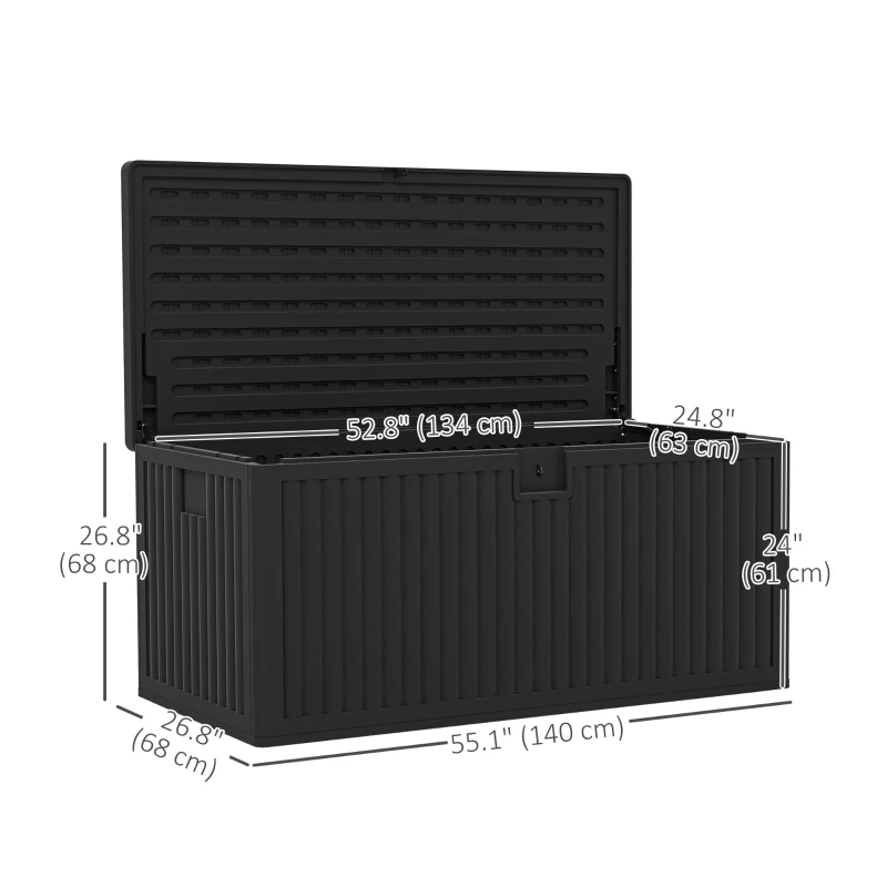 Outsunny 136 Gallon Deck Box, Fluted Outdoor Storage Box with Gas Struts, Waterproof Storage Container for Garden Tools, Black