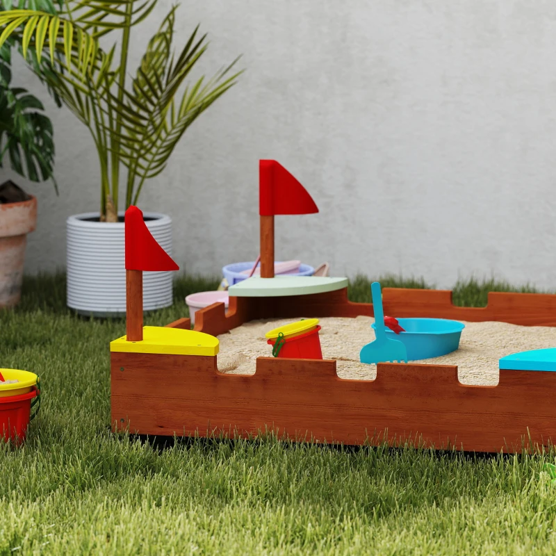 Qaba Kids Wooden Sandbox with Flags, 4 Colorful Built-in Corner Seating, Ground Liner, Gift for Ages 3-7, Wooden Brown