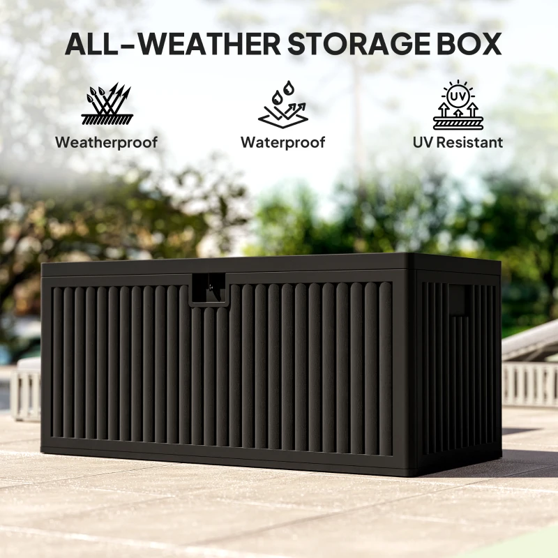 Outsunny 136 Gallon Deck Box, Fluted Outdoor Storage Box with Gas Struts, Waterproof Storage Container for Garden Tools, Black