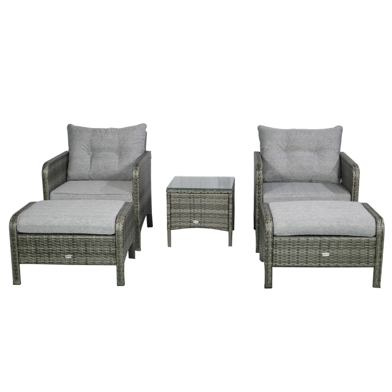Outsunny 5 Pieces Rattan Wicker Lounge Chair Outdoor Patio Conversation Set with 2 Cushioned Chairs, 2 Ottomans and Tempered Glass Top Coffee Table, Gray/Light Gray