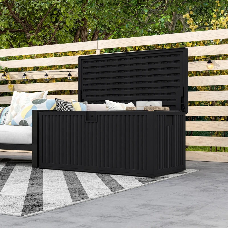 Outsunny 136 Gallon Deck Box, Fluted Outdoor Storage Box with Gas Struts, Waterproof Storage Container for Garden Tools, Black