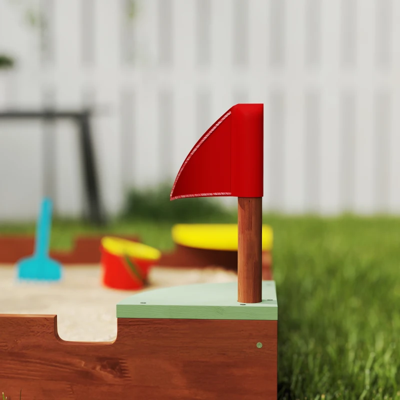 Qaba Kids Wooden Sandbox with Flags, 4 Colorful Built-in Corner Seating, Ground Liner, Gift for Ages 3-7, Wooden Brown