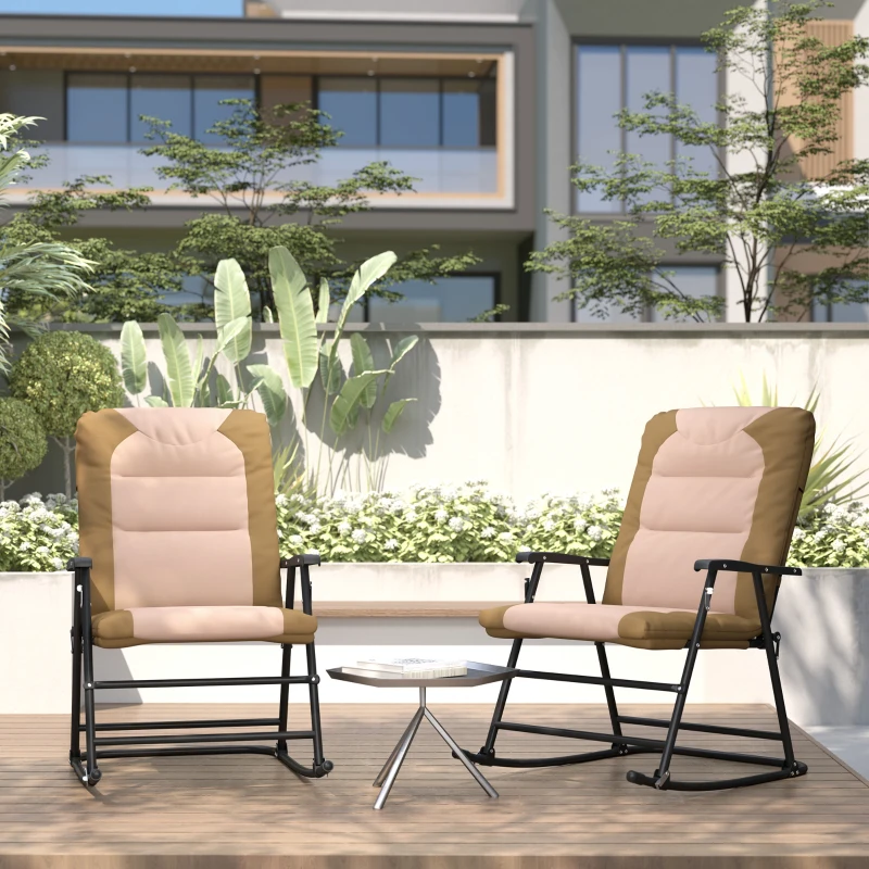 Outsunny Folding Rocking Chair Set of 2 Padded Rockers with Armrest, Light Brown