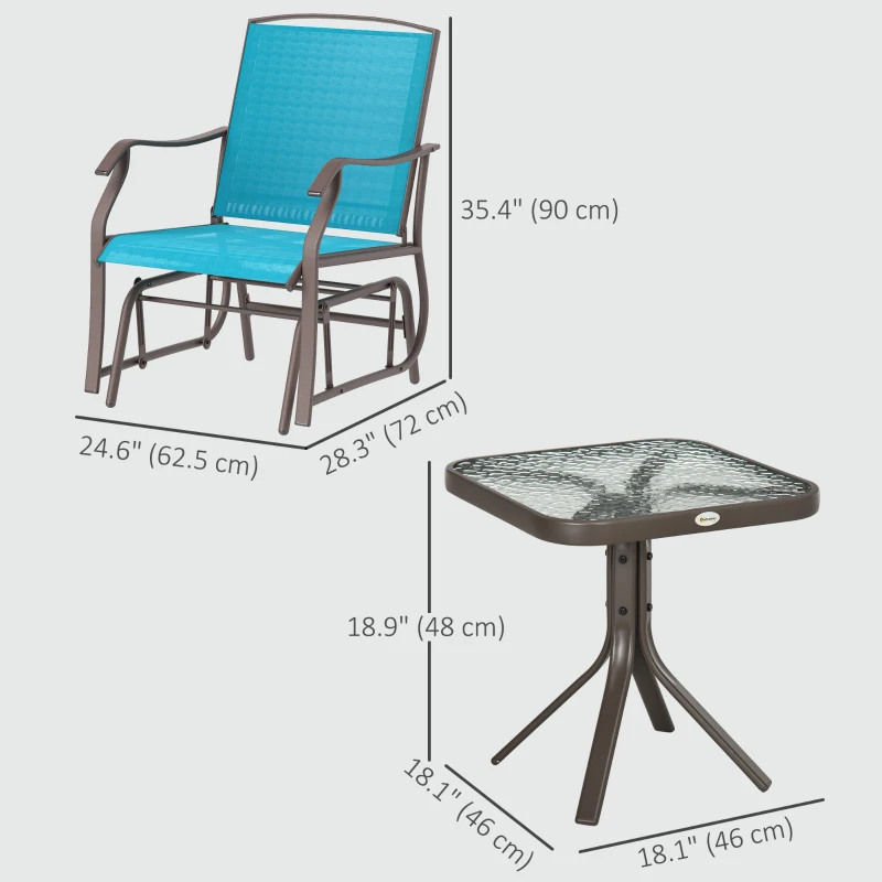 Outsunny 3 Piece Patio Glider Set Outdoor Gliders with Breathable Mesh Seat, Glass Top Table for Garden, Yard, Blue
