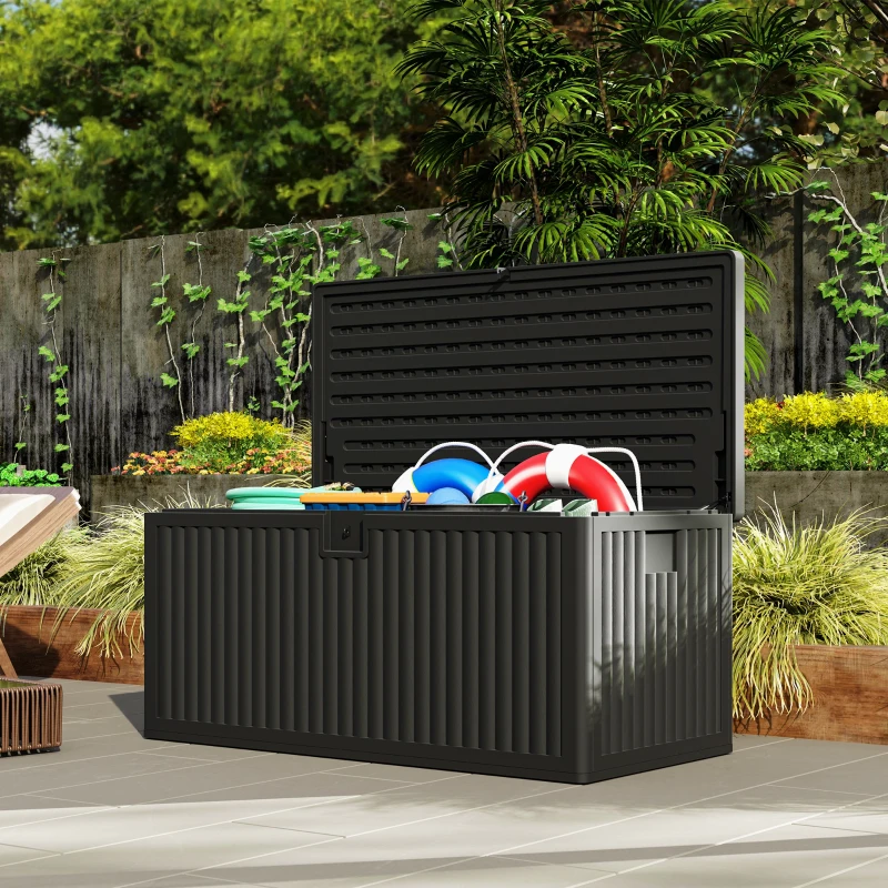 Outsunny 136 Gallon Deck Box, Fluted Outdoor Storage Box with Gas Struts, Waterproof Storage Container for Garden Tools, Black