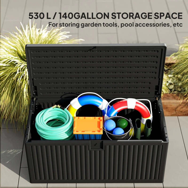 Outsunny 136 Gallon Deck Box, Fluted Outdoor Storage Box with Gas Struts, Waterproof Storage Container for Garden Tools, Black