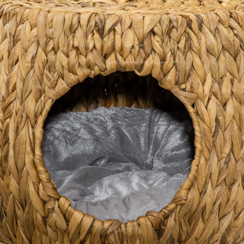 PawHut Wicker Cat Bed with Washable Cushion, Elevated Rattan Kitten Bed for Indoor Cats, Light Brown