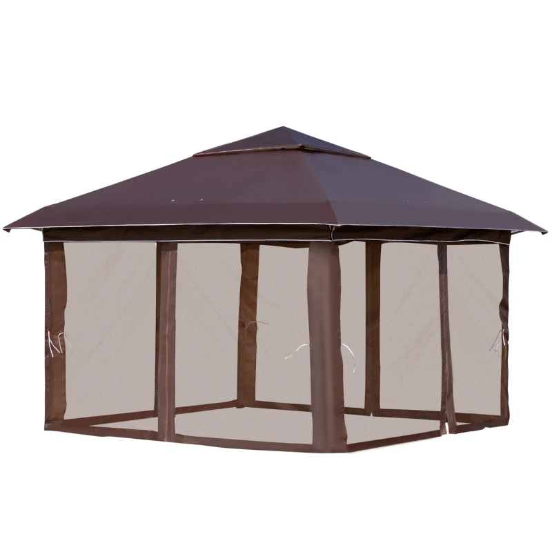 Outsunny 12' x 12' Pop Up Canopy Tent with Netting and Carry Bag, Instant Sun Shelter with 137 sq.ft Shade, Tents for Parties, Height Adjustable, for Outdoor, Garden, Patio, Brown
