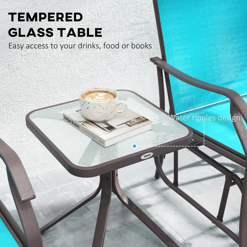 Outsunny 3 Piece Patio Glider Set Outdoor Gliders with Breathable Mesh Seat, Glass Top Table for Garden, Yard, Blue