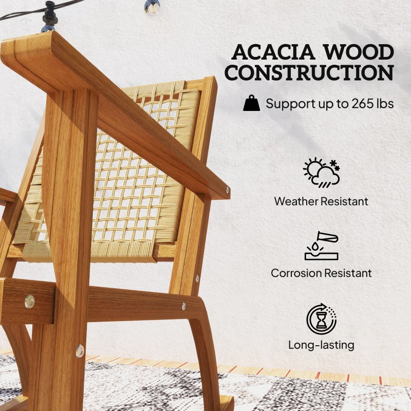 Outsunny Outdoor Lawn Rocking Chair Set of 2, Acacia Wood Patio Rocking Chairs with Wicker Back and Seat for Garden, Khaki