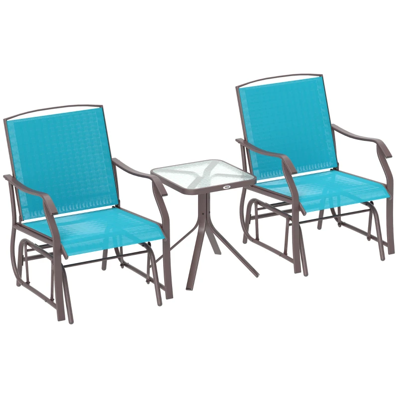 Outsunny 3 Piece Patio Glider Set Outdoor Gliders with Breathable Mesh Seat, Glass Top Table for Garden, Yard, Blue