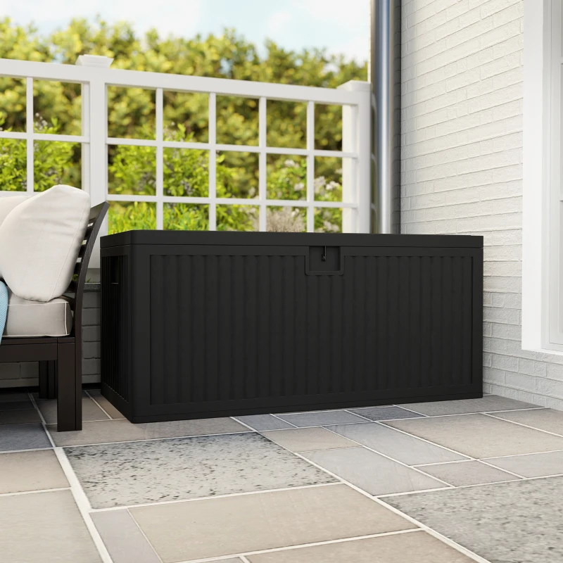 Outsunny 136 Gallon Deck Box, Fluted Outdoor Storage Box with Gas Struts, Waterproof Storage Container for Garden Tools, Black