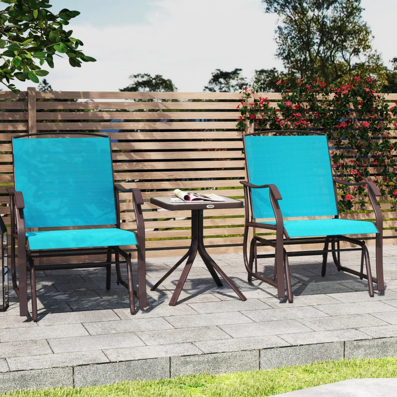 Outsunny 3 Piece Patio Glider Set Outdoor Gliders with Breathable Mesh Seat, Glass Top Table for Garden, Yard, Blue