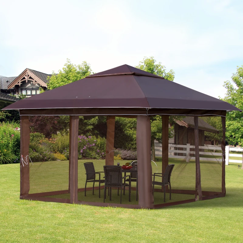 Outsunny 12' x 12' Pop Up Canopy Tent with Netting and Carry Bag, Instant Sun Shelter with 137 sq.ft Shade, Tents for Parties, Height Adjustable, for Outdoor, Garden, Patio, Brown