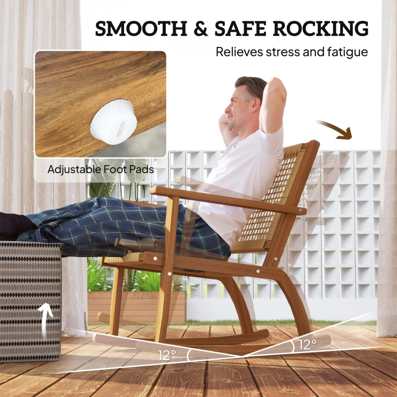 Outsunny Outdoor Lawn Rocking Chair Set of 2, Acacia Wood Patio Rocking Chairs with Wicker Back and Seat for Garden, Khaki