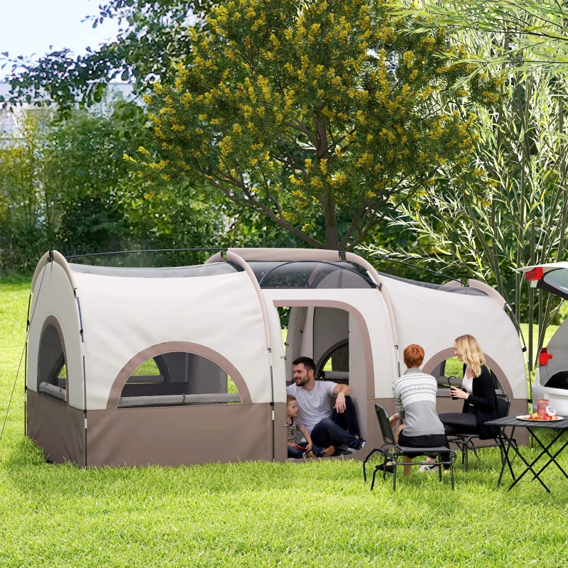 Outsunny 4-6 Person Camping Tent, 3 Room Cabin Tent, 3000mm Waterproof and UPF30+ with Sewn in Groundsheet and Carry Bag, Khaki