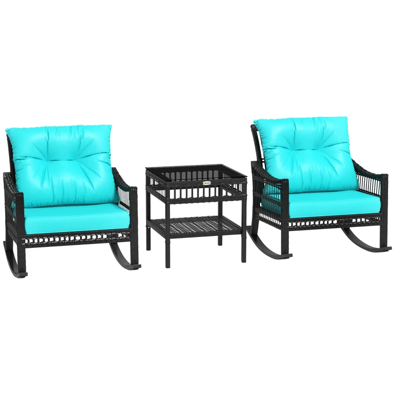 Outsunny 3 Piece Outdoor PE Rattan Rocker Chair Set, Rocking Chair with Tempered Glass Table Top, Turquoise Green
