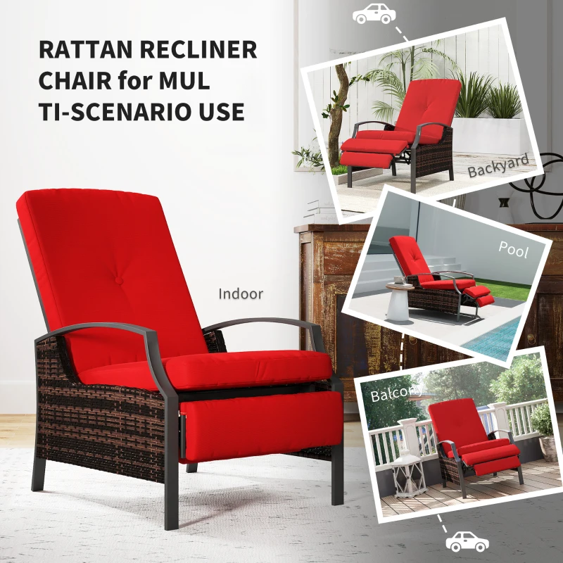 Outsunny Outdoor Rattan Recliner Chair, Wicker Reclining Chair with Adjustable Back Retractable Footrest Cushion Wine Red