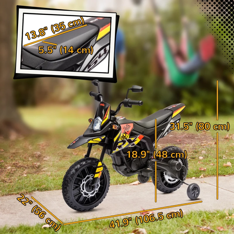 Qaba 12V Aprilia Licenced Kids Electric Motorcycle, Battery-Powered Dirt Bike with Training Wheels for Aged 3-8, Yellow