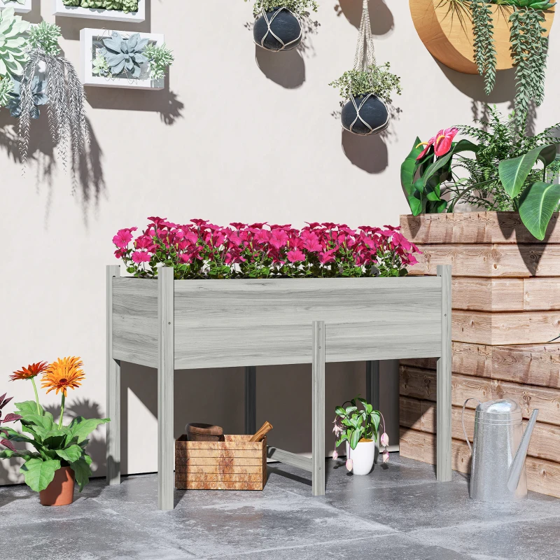 Outsunny Wooden Raised Planter Box with Drain Holes for Vegetables, Flowers, Outdoor Garden Bed, 45.3x21.7x31.5inch, Grey