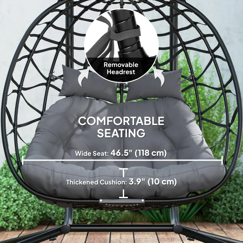 Outsunny Double Wicker Egg Swing Chair with Canopy, Foldable Hanging Egg Chair with Stand Cushion Headrest, Black
