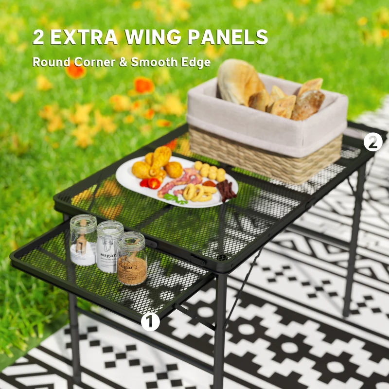Outsunny Folding Camping Table, 4.5ft Portable Table with 2 Wing Panels, Height Adjustable Metal Picnic Table