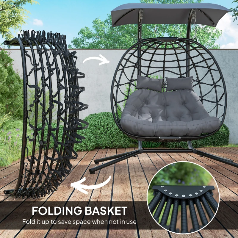 Outsunny Double Wicker Egg Swing Chair with Canopy, Foldable Hanging Egg Chair with Stand Cushion Headrest, Black