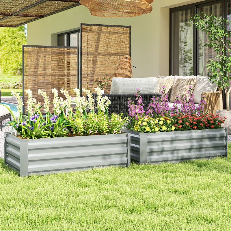 Outsunny Set of 2 Galvanized Raised Beds for Garden, Outdoor Planter Box for Flowers, Herbs and Vegetables, Light Grey