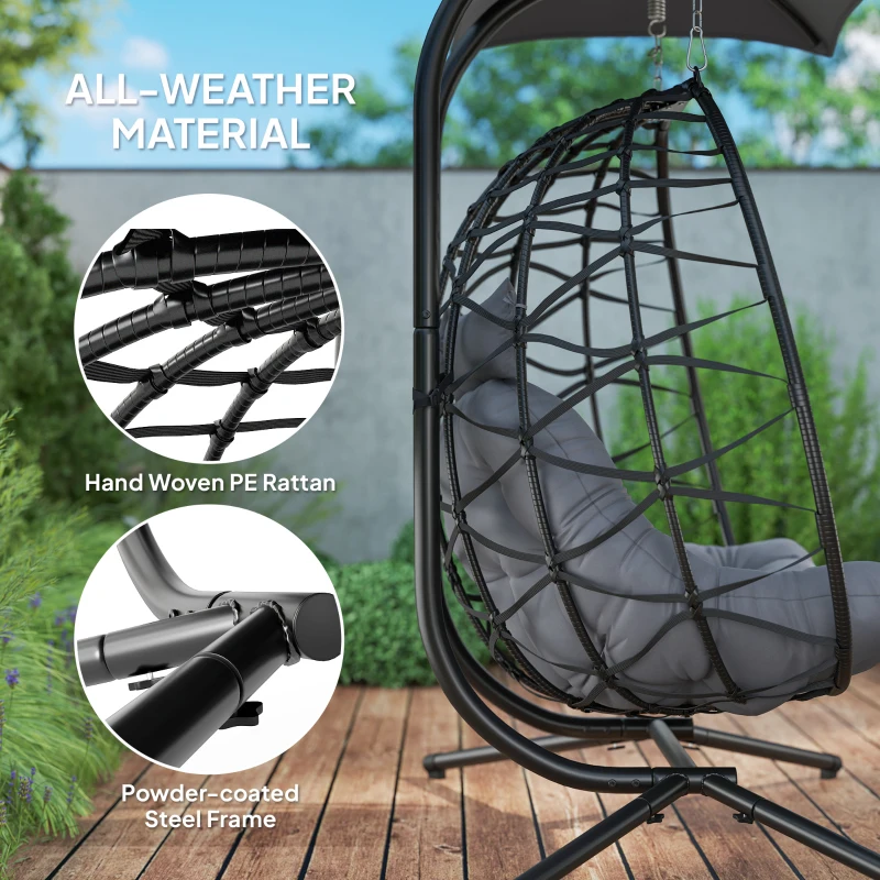 Outsunny Double Wicker Egg Swing Chair with Canopy, Foldable Hanging Egg Chair with Stand Cushion Headrest, Black