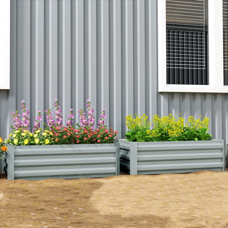 Outsunny Set of 2 Galvanized Raised Beds for Garden, Outdoor Planter Box for Flowers, Herbs and Vegetables, Light Grey