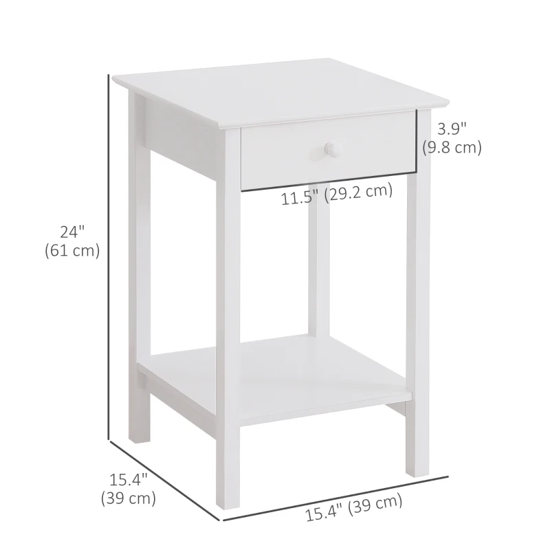 HOMCOM Multipurpose Bedside Table Night Stand W/ Drawer and Storage Shelf End Side Table Bedroom White