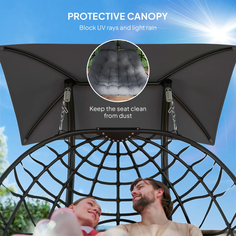 Outsunny Double Wicker Egg Swing Chair with Canopy, Foldable Hanging Egg Chair with Stand Cushion Headrest, Black