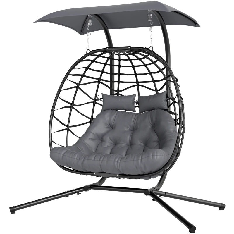 Outsunny Double Wicker Egg Swing Chair with Canopy, Foldable Hanging Egg Chair with Stand Cushion Headrest, Black