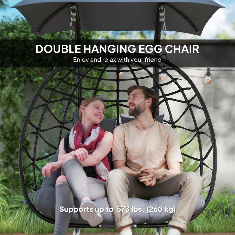 Outsunny Double Wicker Egg Swing Chair with Canopy, Foldable Hanging Egg Chair with Stand Cushion Headrest, Black