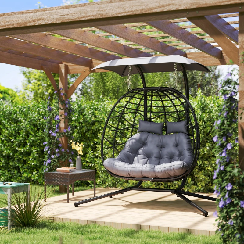 Outsunny Double Wicker Egg Swing Chair with Canopy, Foldable Hanging Egg Chair with Stand Cushion Headrest, Black