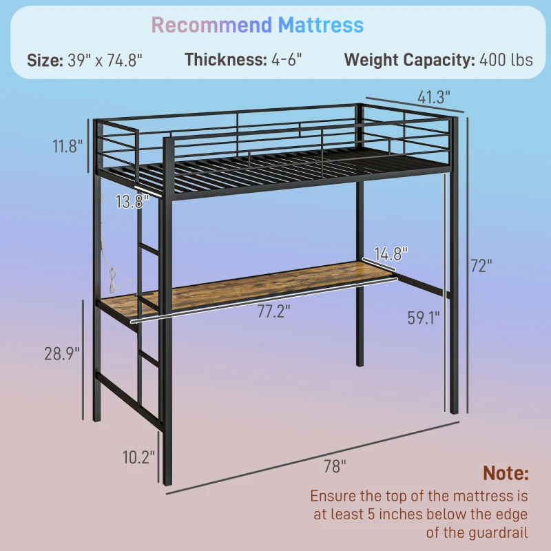 HOMCOM Twin Size Loft Bed with Desk, LED Lights, Charging Station, Twin Metal Loft Bed Frame with Ladder, Black