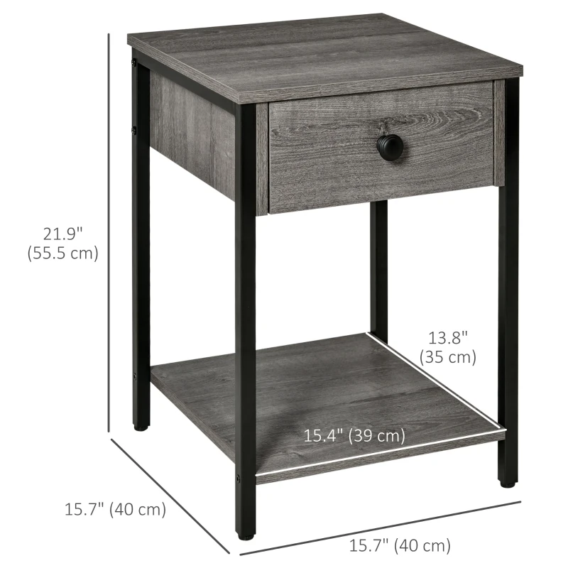 HOMCOM Industrial End Table with Drawer and Storage Shelf, Accent Side Table, Nightstand for Living Room, Bedroom, Grey