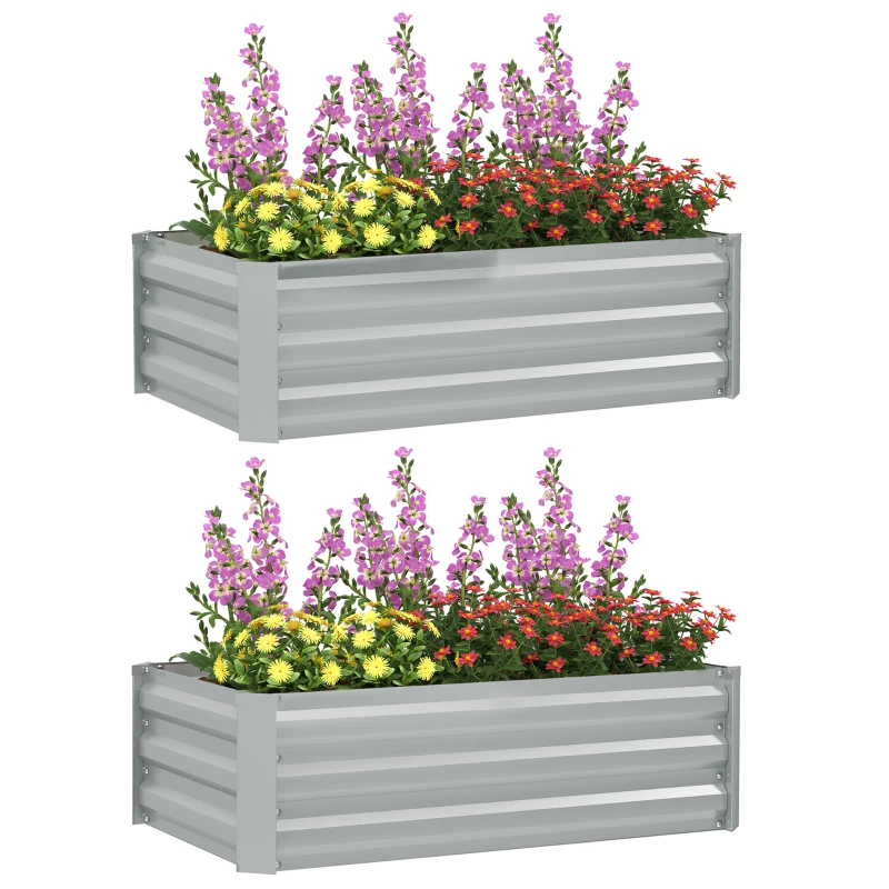 Outsunny Set of 2 Galvanized Raised Beds for Garden, Outdoor Planter Box for Flowers, Herbs and Vegetables, Light Grey