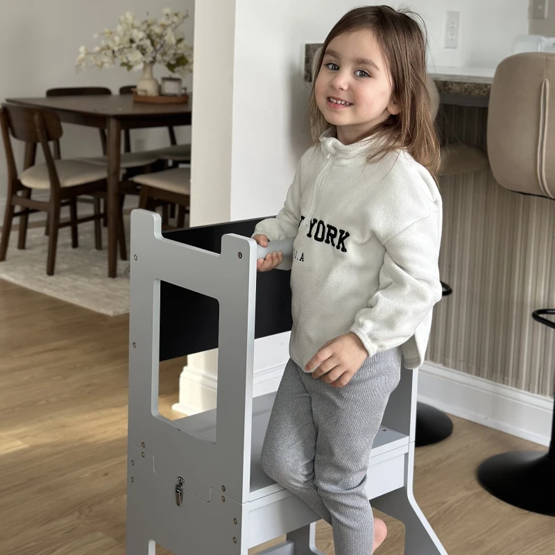 Qaba Kids Kitchen Step Stool, 2 in 1 Kitchen Table Set Toddler Standing Tower with Chalkboard, Safety Rail for Kitchen, Bathroom, Bedroom, Gray