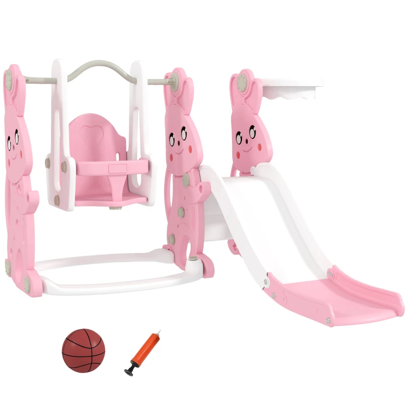 Qaba 4 in 1 Toddler Slide and Swing Set with Climber, Basketball Hoop, Rabbit Themed Kids Playset for Ages 1.5-4, Pink