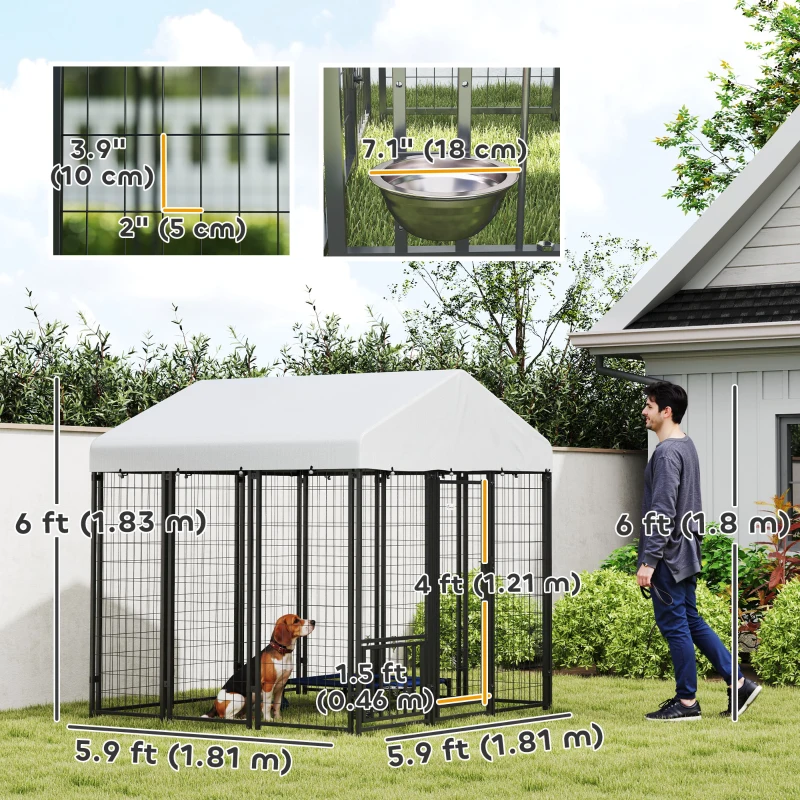 PawHut Outdoor Dog Kennel with Waterproof UV-Resistant Cover, Rotating & 4-Level Adjustable Feeding Bowls, 6 x 6 x 6 ft